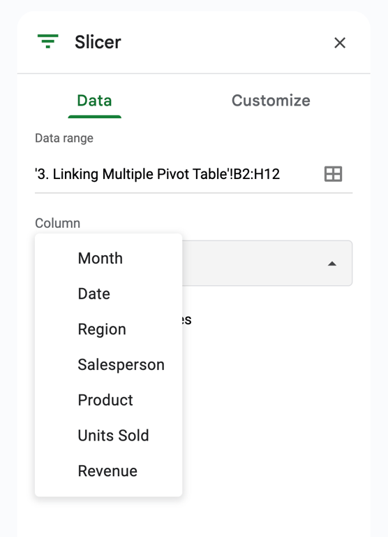 Slicer editor panel showing data range selection and a dropdown to choose columns for slicer application. i-shadow