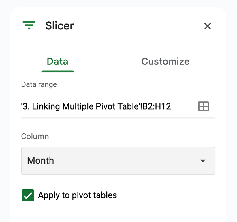 Slicer editor with Month selected as the column and the “Apply to pivot tables” option checked, enabling one-click filtering across multiple pivot tables. i-shadow