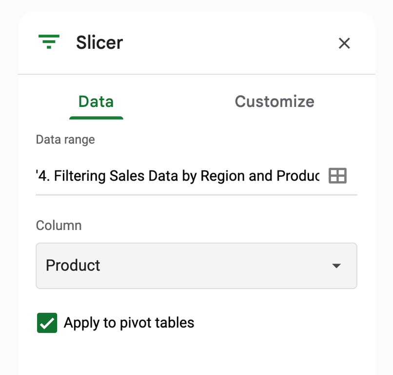 Slicer settings panel showing ‘Product’ selected as the filter column with ‘Apply to pivot tables’ enabled. i-shadow