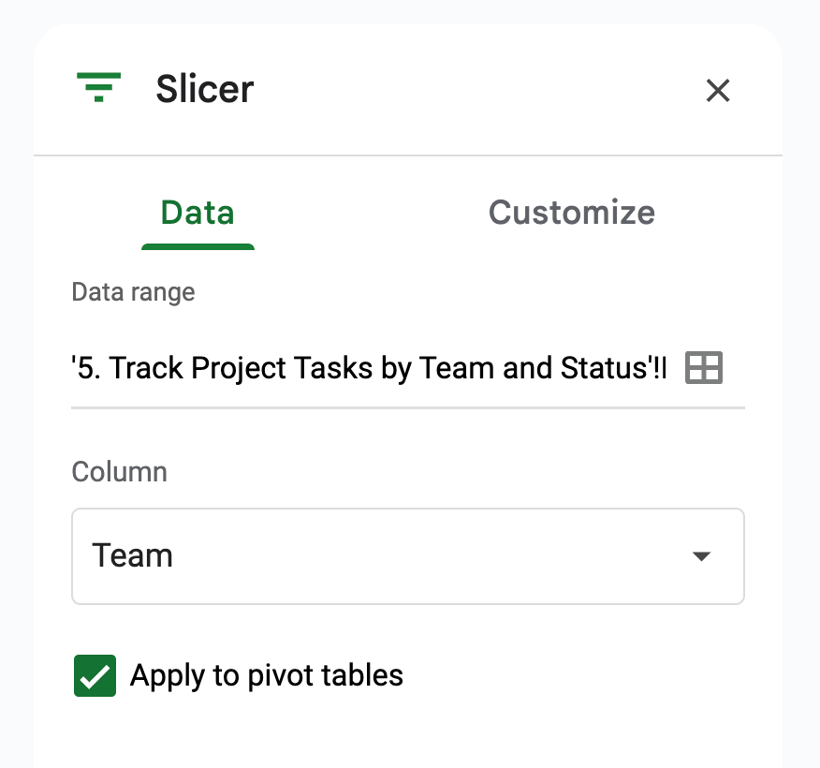 Slicer settings with ‘Team’ selected as the filter column and the option to apply to pivot tables enabled. i-shadow