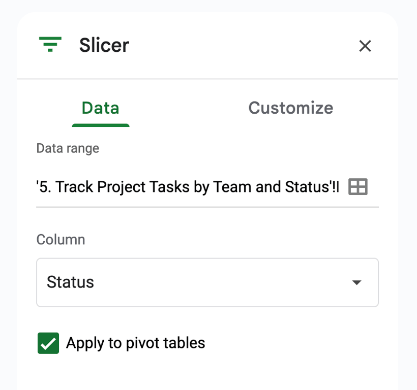Slicer settings with ‘Status’ selected as the filter column and the pivot tables filter checkbox enabled. i-shadow