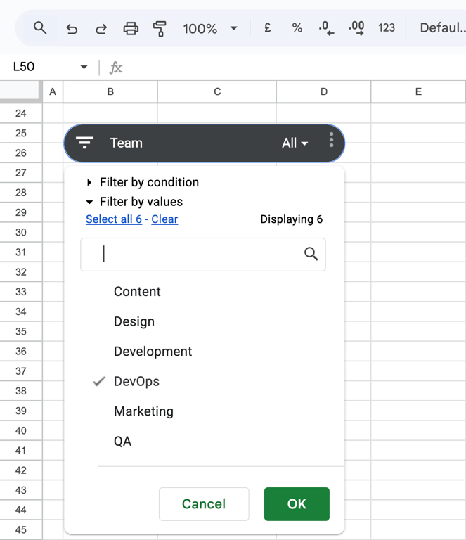 Team slicer dropdown with options including Content, Design, DevOps, and others; DevOps is selected. i-shadow