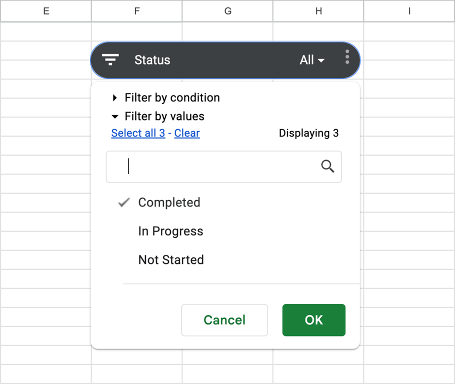 Status slicer dropdown with options Completed and Not Started; Completed is selected. i-shadow