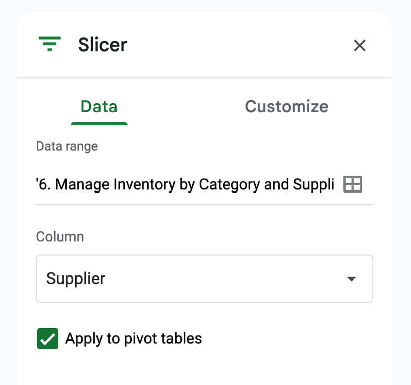 Slicer settings panel with ‘Supplier’ selected to apply filters across pivot tables using the supplier field. i-shadow