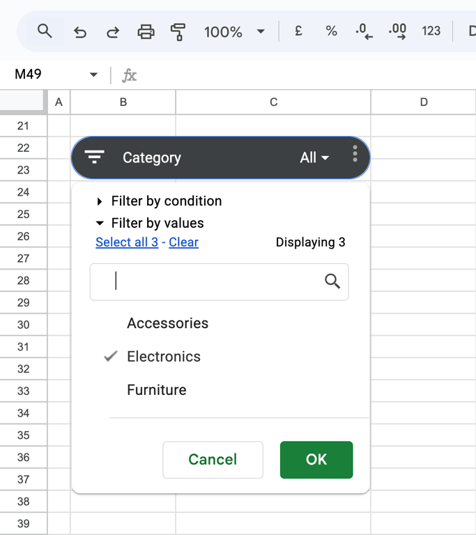 Category slicer dropdown showing selectable inventory categories: Accessories, Electronics, and Furniture. i-shadow