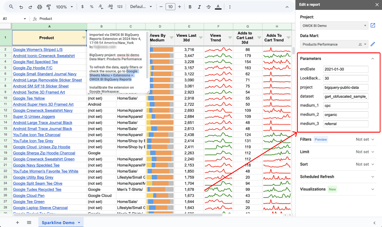 Google Sheets report showing product-level SPARKLINE trends for views and add-to-cart events, with editable parameters in the OWOX Reports sidebar. i-border