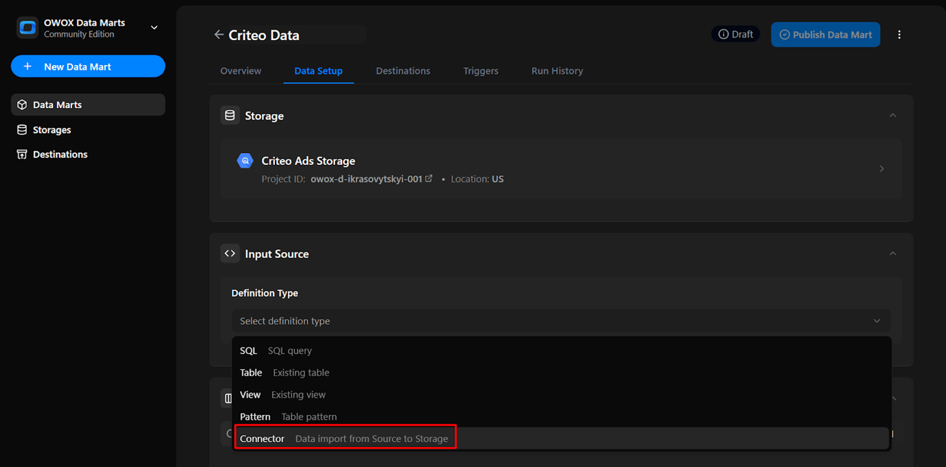  Input Setup section in OWOX Data Marts with ‘Connector’ selected as the definition type for the data source. i-shadow