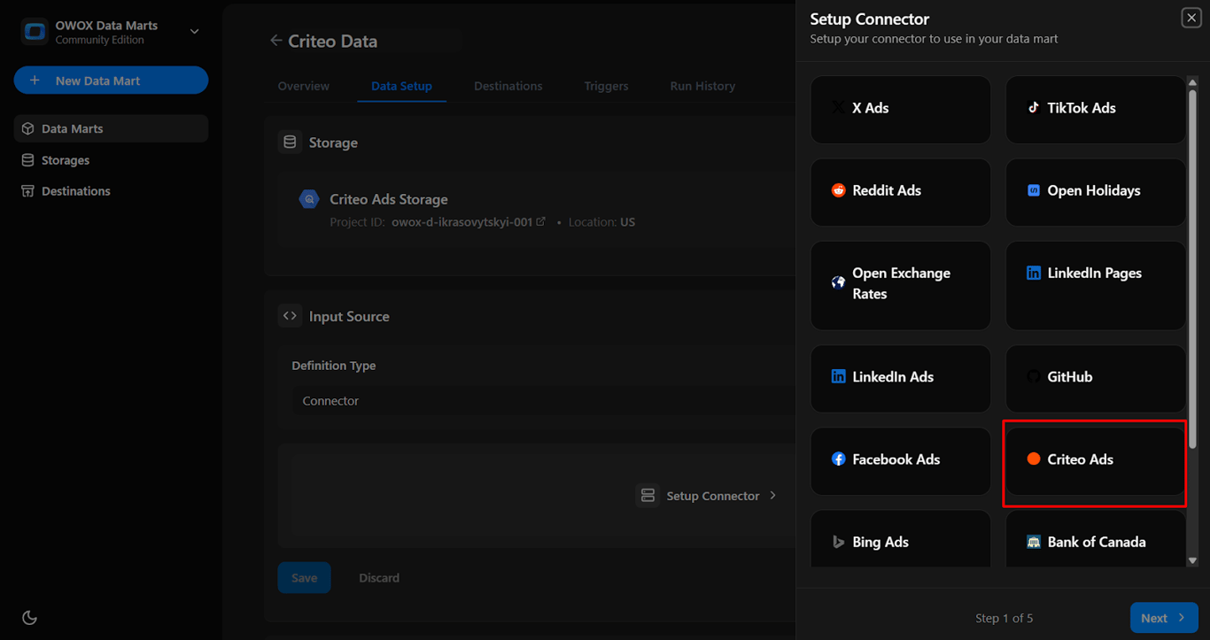 Setup Connector panel in OWOX Data Marts with Criteo Ads selected as the connector source. i-shadow