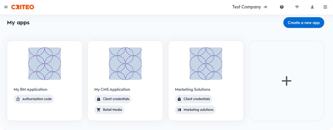  My Apps section in Criteo developer portal with option to create a new app highlighted. i-shadow