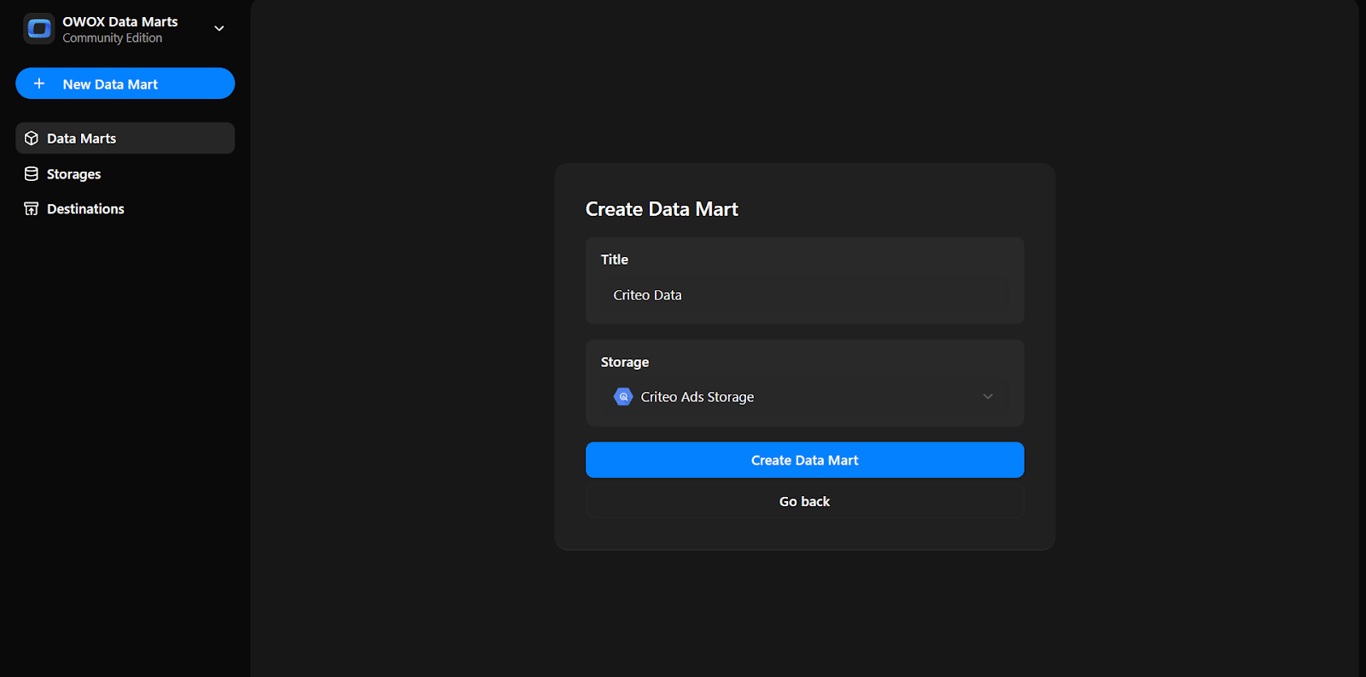 Create Data Mart screen with title set to “ Criteo Data” and storage selected as “Criteo Ads Storage”. i-shadow