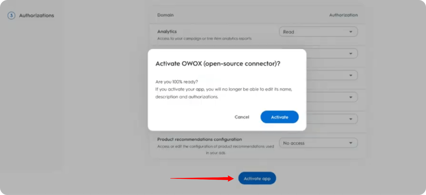 Activation confirmation screen for Criteo app with “Activate” button highlighted. i-shadow