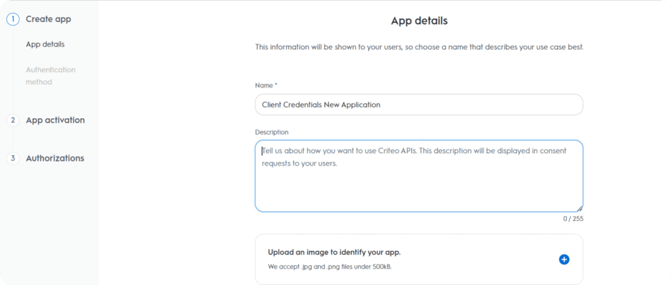 Application name and description fields populated in Criteo developer portal. i-shadow