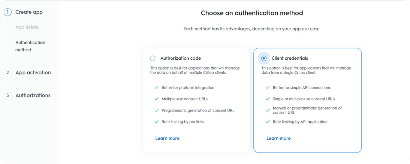 Authentication method screen showing Client Credentials selected for the Criteo app. i-shadow