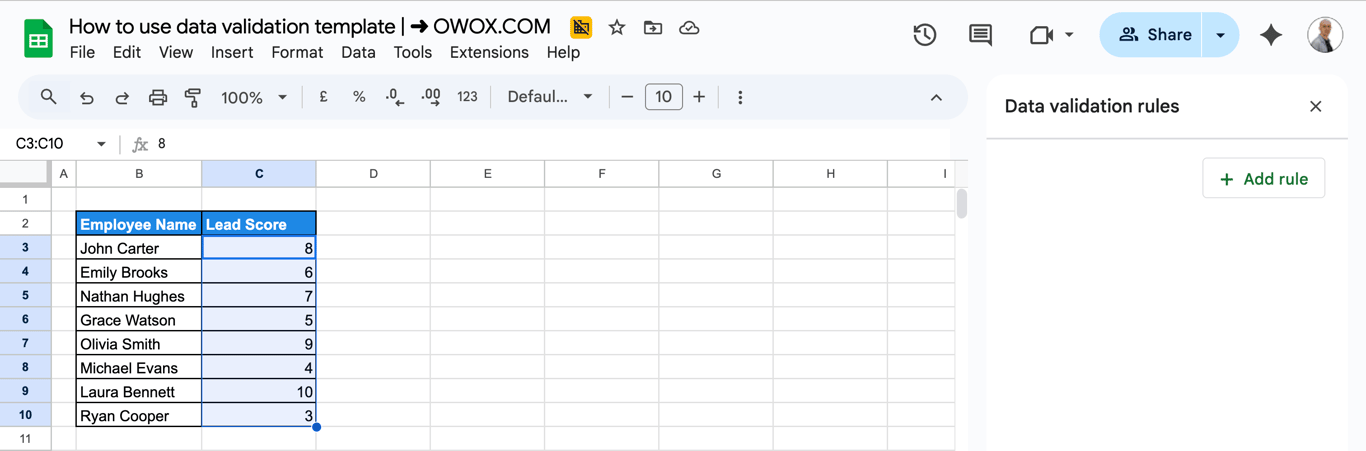 Sidebar in Google Sheets showing the option to add a new data validation rule. i-border