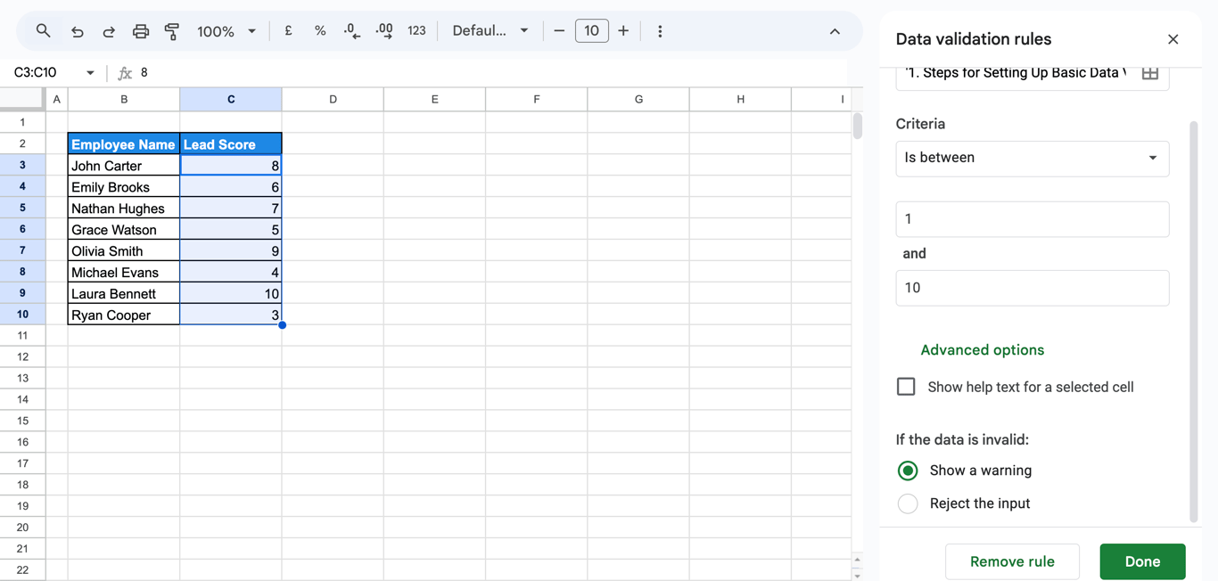 Warning message in Google Sheets triggered by invalid entry in Lead Score column. i-border