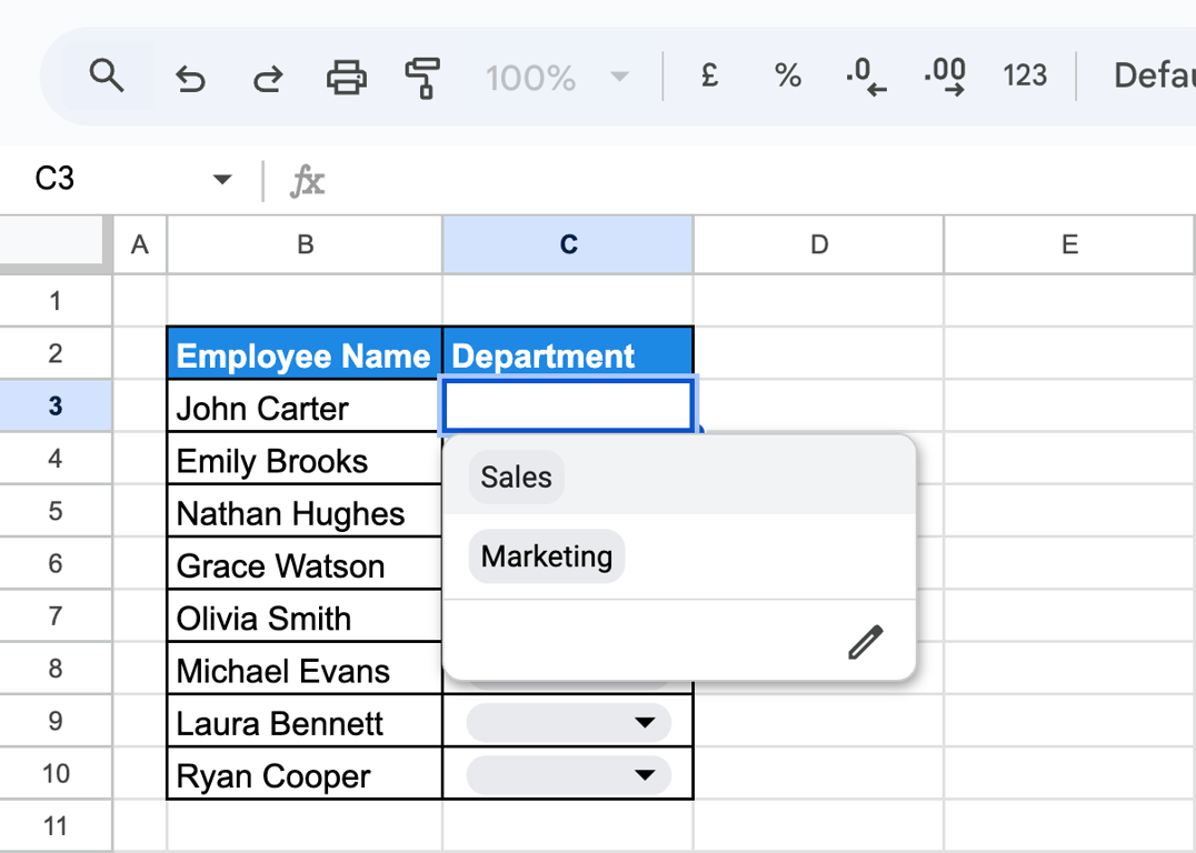 Active dropdown list applied through data validation in Google Sheets. i-border