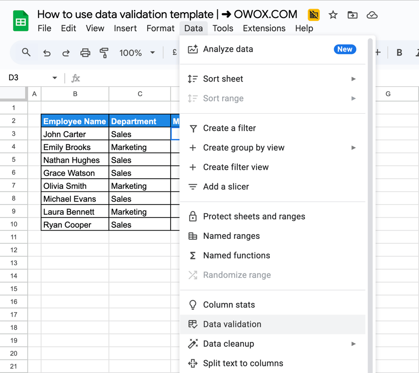 Opening data validation from the Data menu in Google Sheets to restrict Monthly Target values. i-border