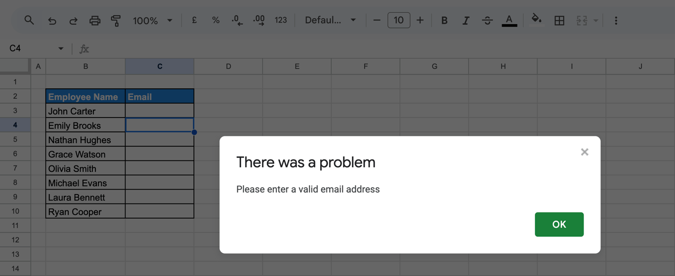 Google Sheets data validation rule set to allow only valid email addresses with help text and rejection of invalid input. i-border