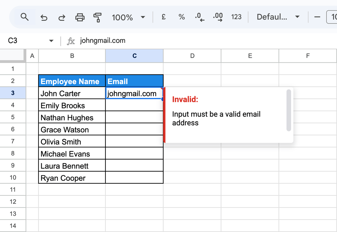 Invalid email entry blocked by data validation rule in Google Sheets. i-border