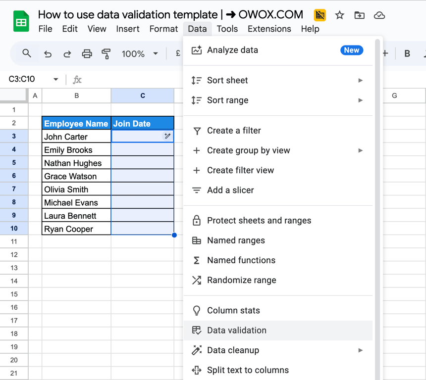 Google Sheets data validation menu opened to apply a rule for accepting only valid dates in the Join Date column. i-border