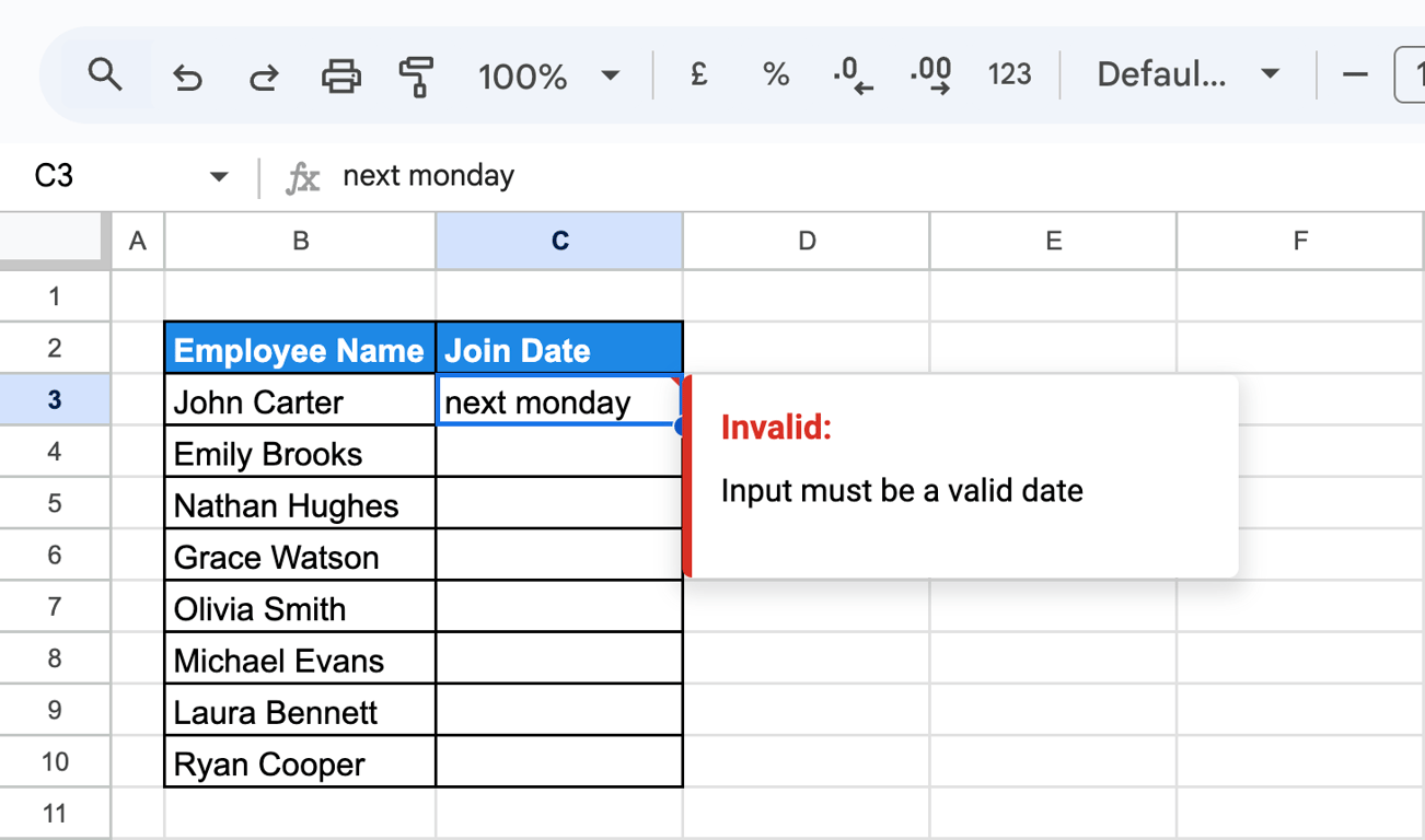 Join Date column in Google Sheets with an applied rule to accept only valid dates. i-border