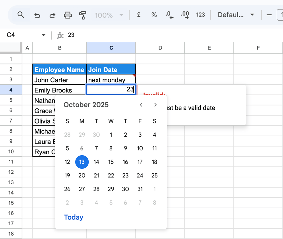 Calendar picker appearing in Google Sheets cell after applying date validation. i-border