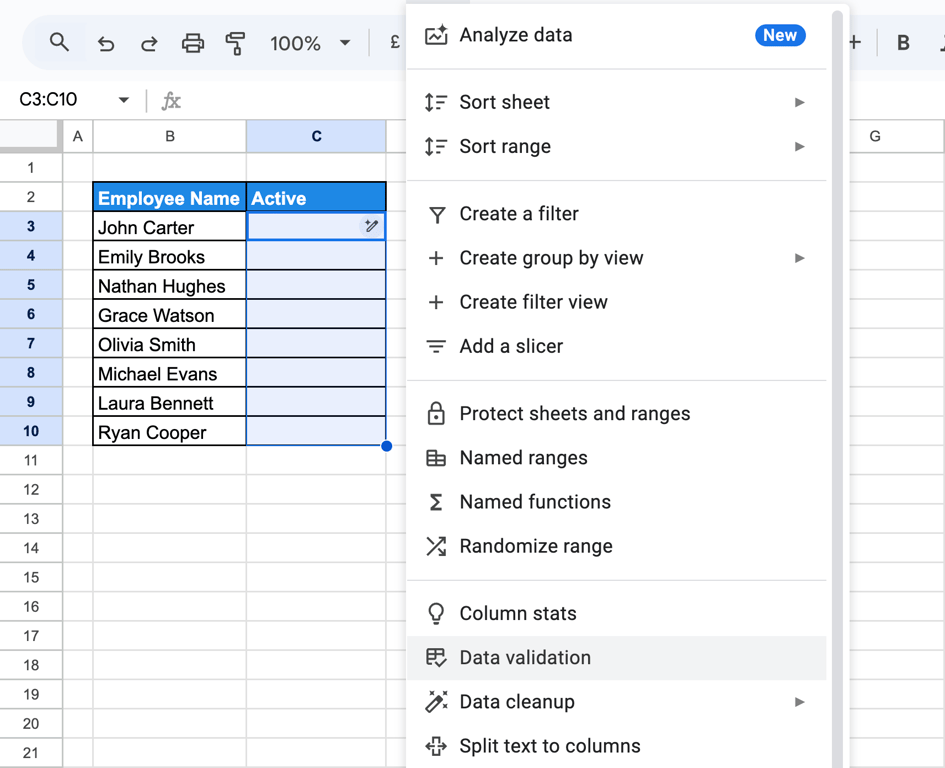 Google Sheets data validation menu accessed to apply a checkbox rule for the Active column. i-border