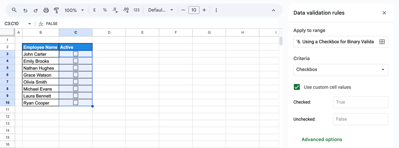 Google Sheets data validation rule using checkboxes with TRUE and FALSE values in the Active column. i-border