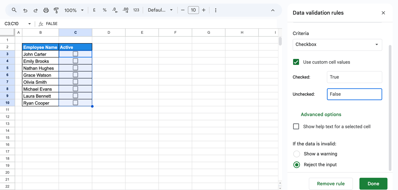 Checkbox input in Google Sheets Active column enabled through data validation. i-border