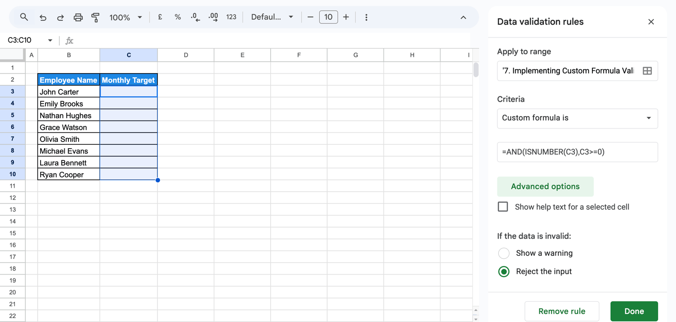 Google Sheets data validation rule selecting Reject input option to block negative numbers and text in the Monthly Target column. i-border