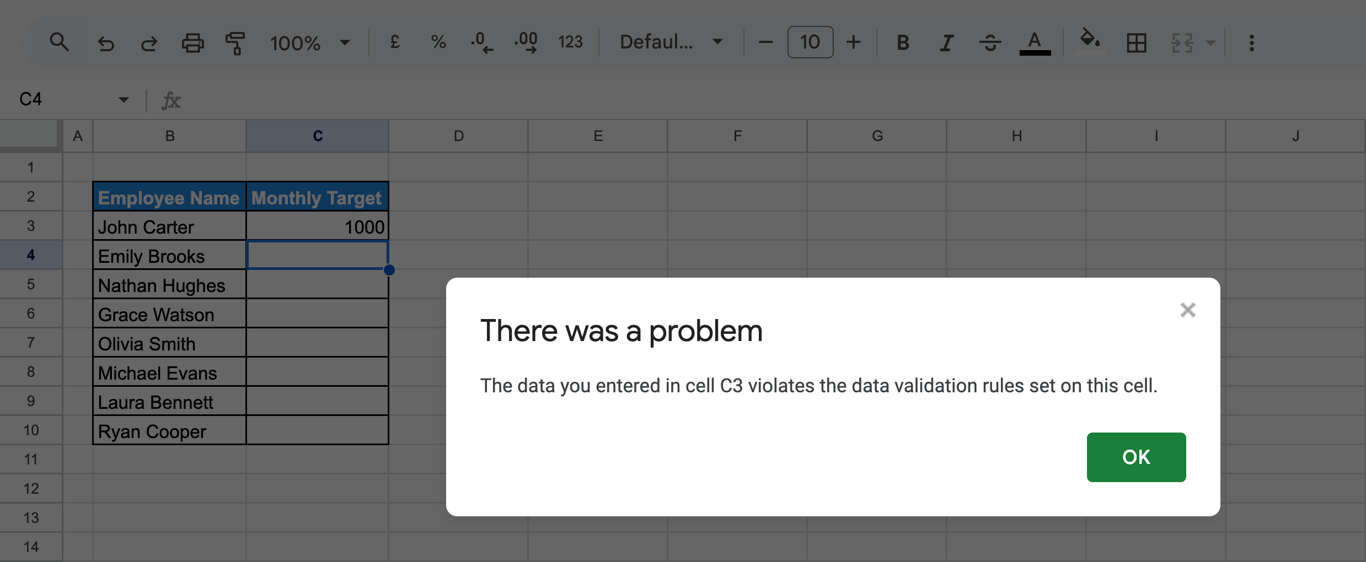Validation message triggered in Google Sheets by entry of negative number or text.