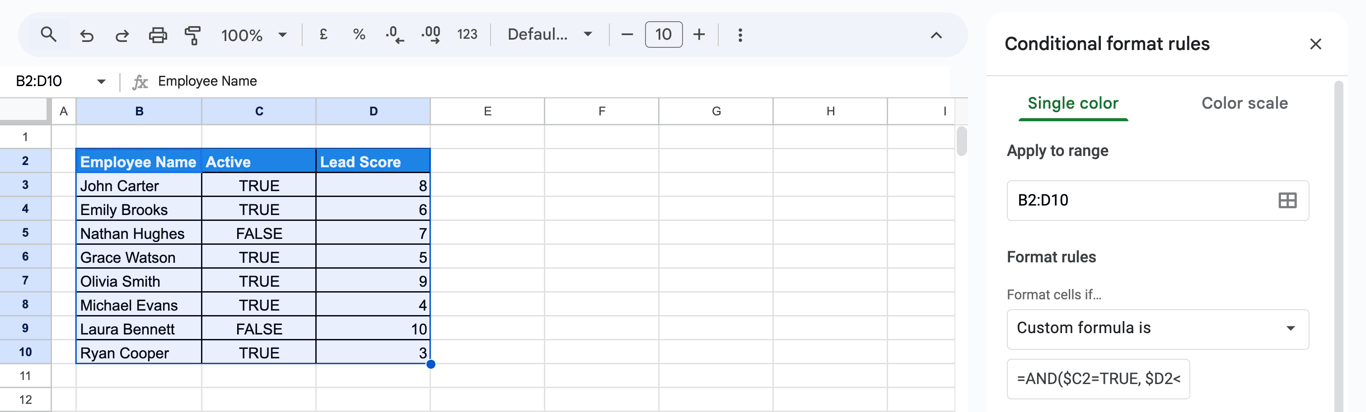 Google Sheets using a custom formula in Conditional formatting to highlight Active employees with a Lead Score below 5 alongside data validation. i-border