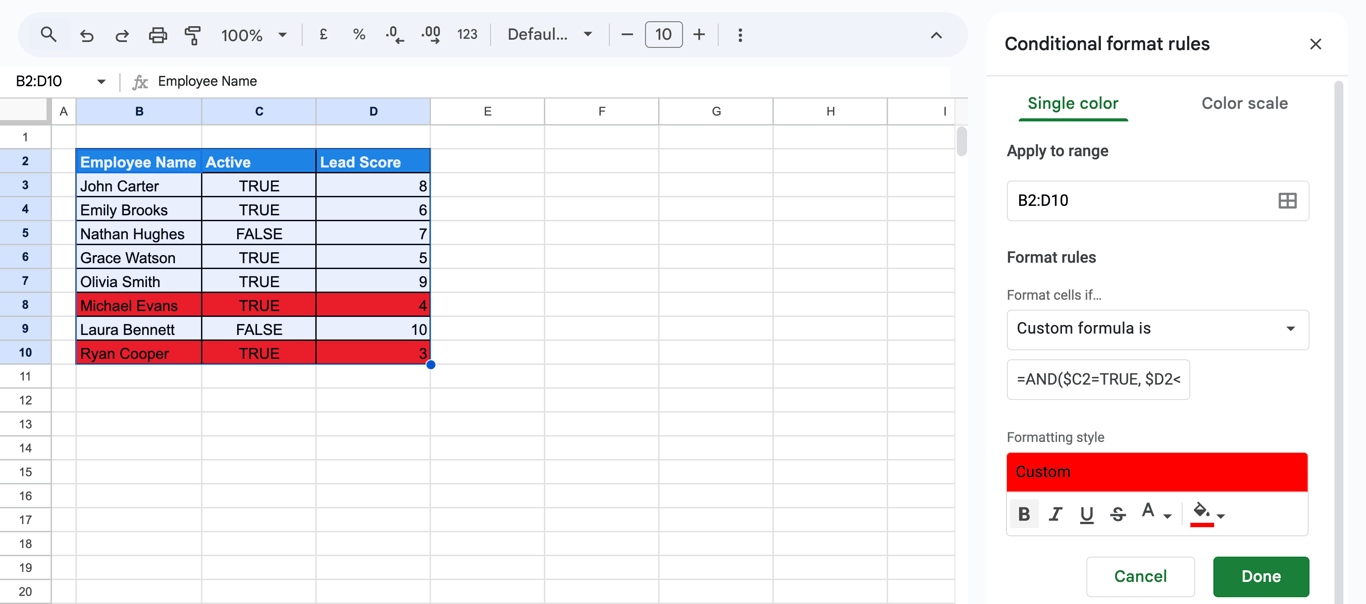 Google Sheets showing red highlight applied through Conditional formatting based on a data validation rule. i-border