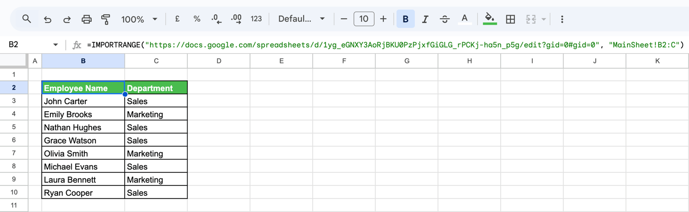 Google Sheets displaying clean Department data imported via IMPORTRANGE function for consistent dropdown data validation. i-border