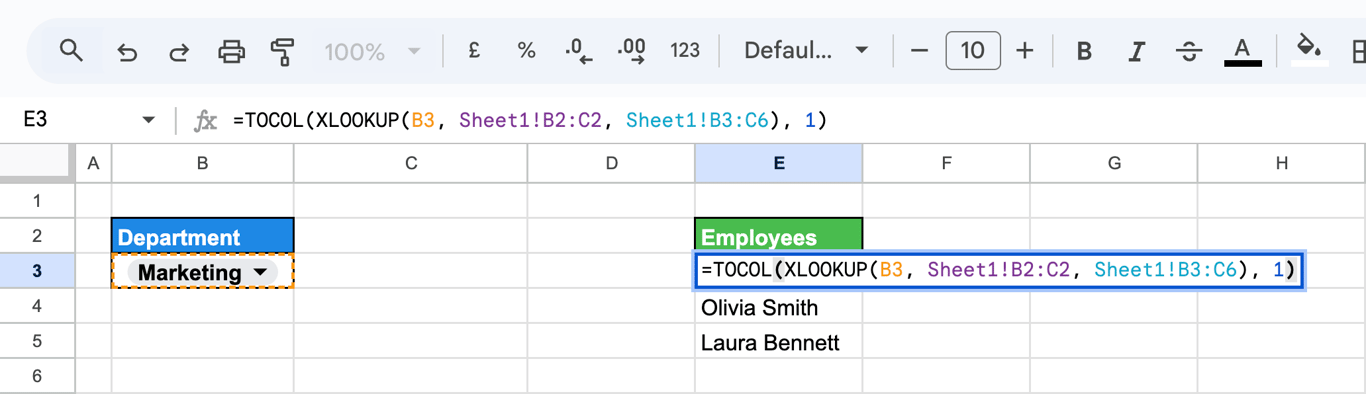 Google Sheets formula using XLOOKUP and TOCOL to dynamically generate employee names for data validation based on department. i-border
