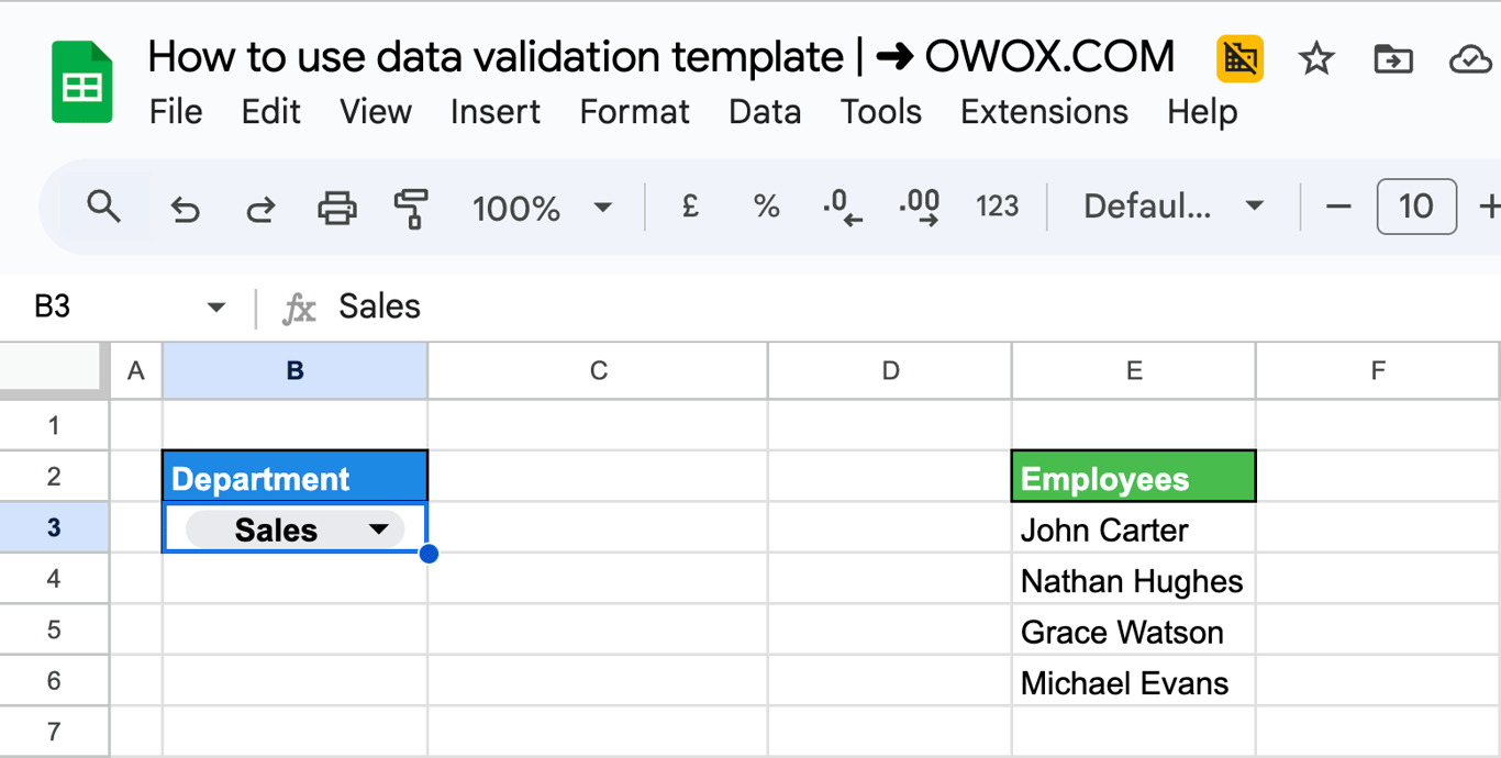 Dropdown in Google Sheets displaying “Sales” department selected to trigger dependent employee list for data validation. i-border