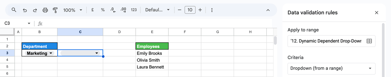 Data validation in Google Sheets using dynamically generated list of Sales employees as dropdown values. i-border