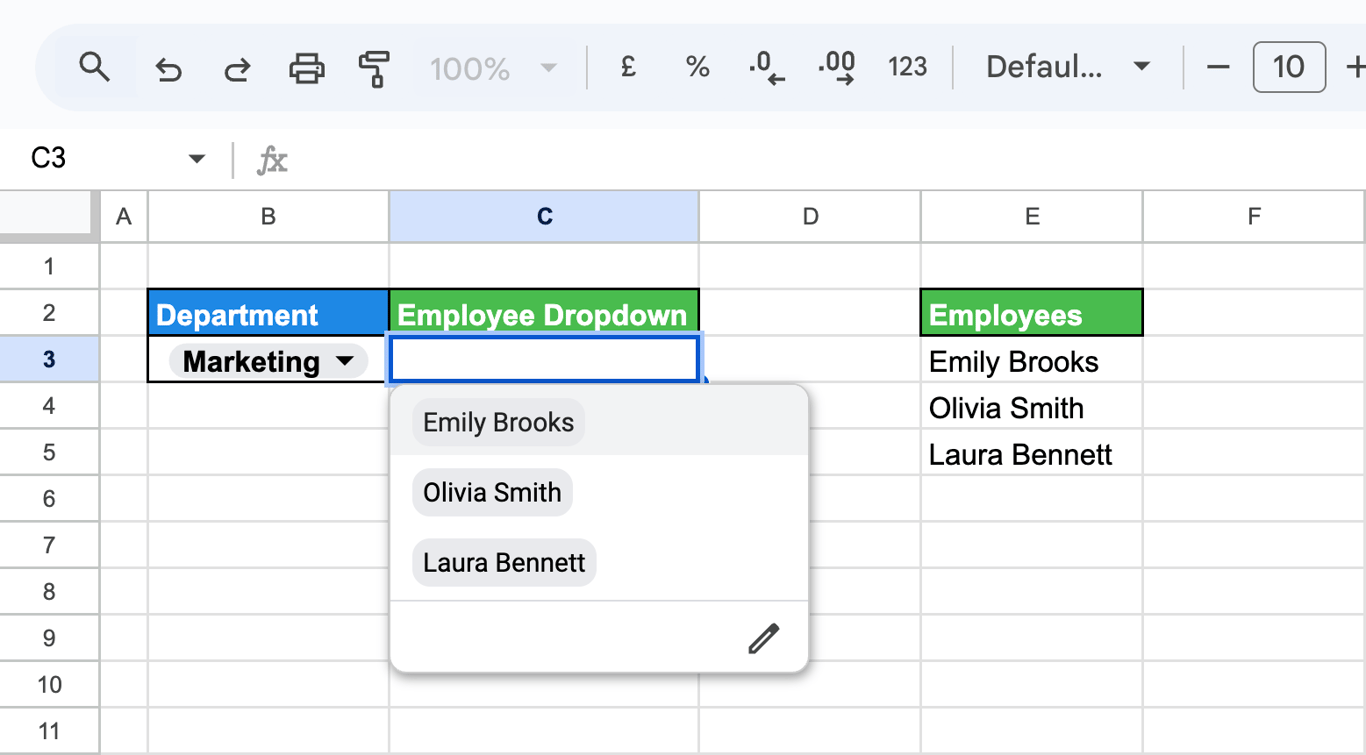 Dropdown in Google Sheets displaying employees filtered by selected department using dependent data validation. i-border