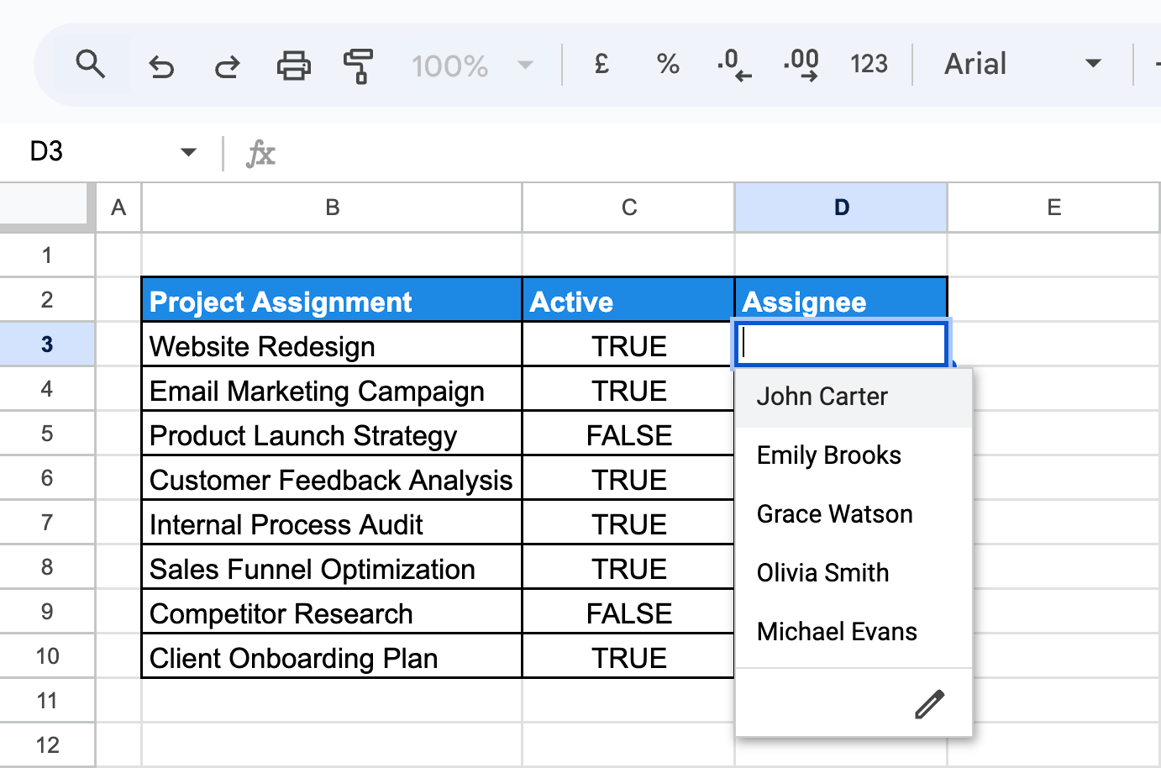 Dropdown in Google Sheets Assignee column showing active employees, populated through data validation automated by Apps Script. i-border