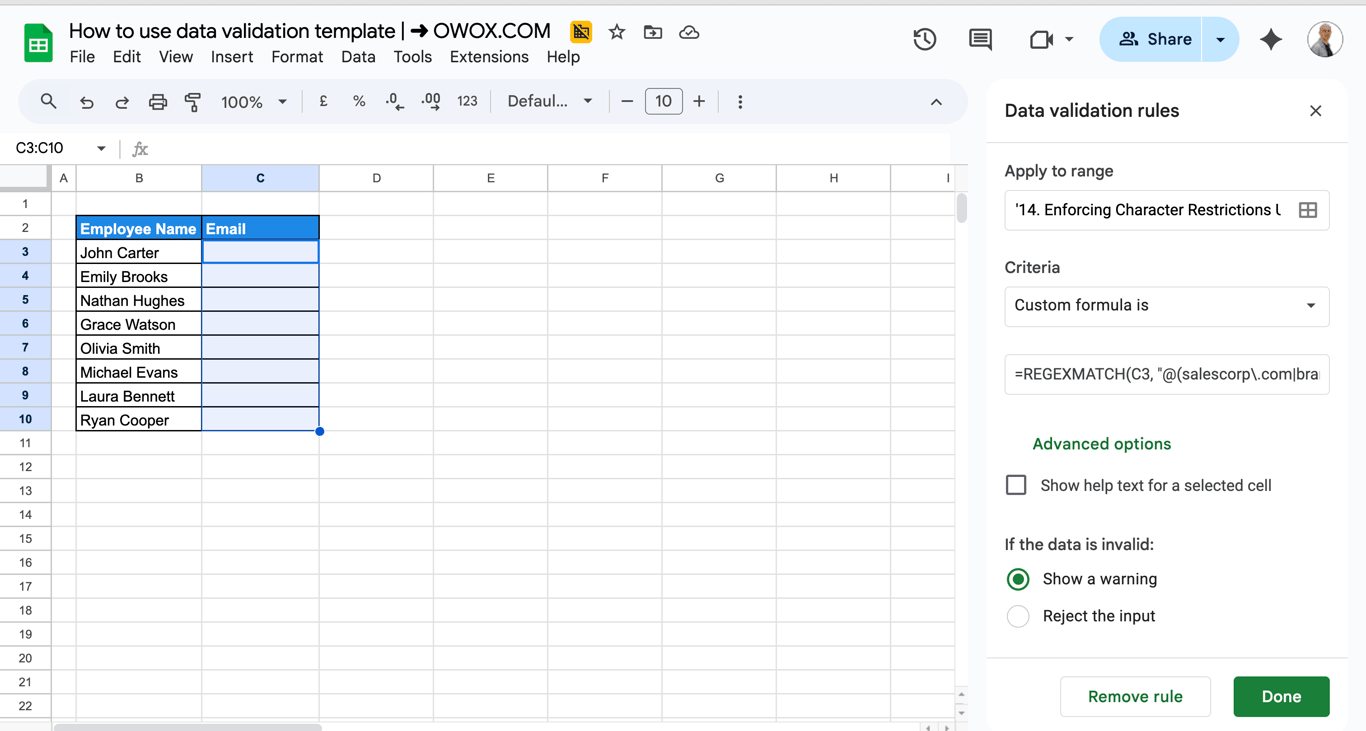 Google Sheets data validation rule using REGEXMATCH to allow only email addresses from a specific domain. i-border