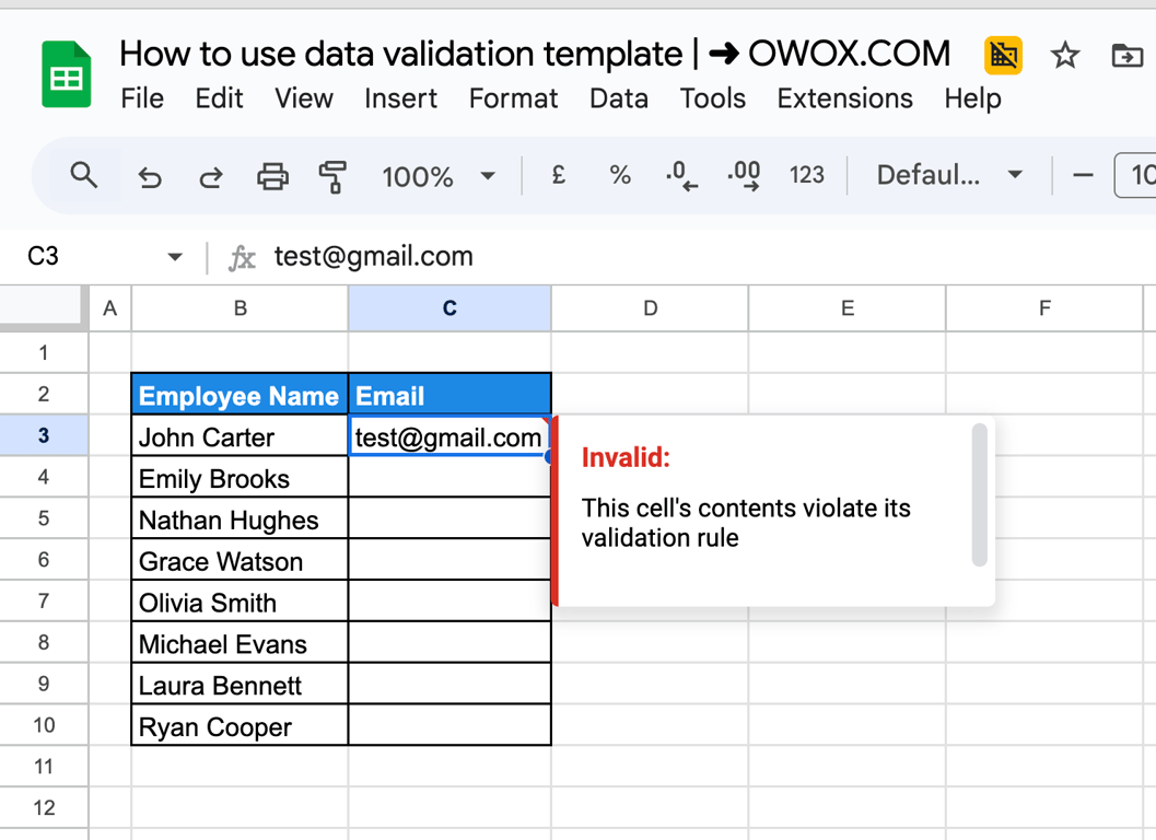 Invalid email entry flagged in Google Sheets due to data validation rule restricting input to a specific email domain. i-border