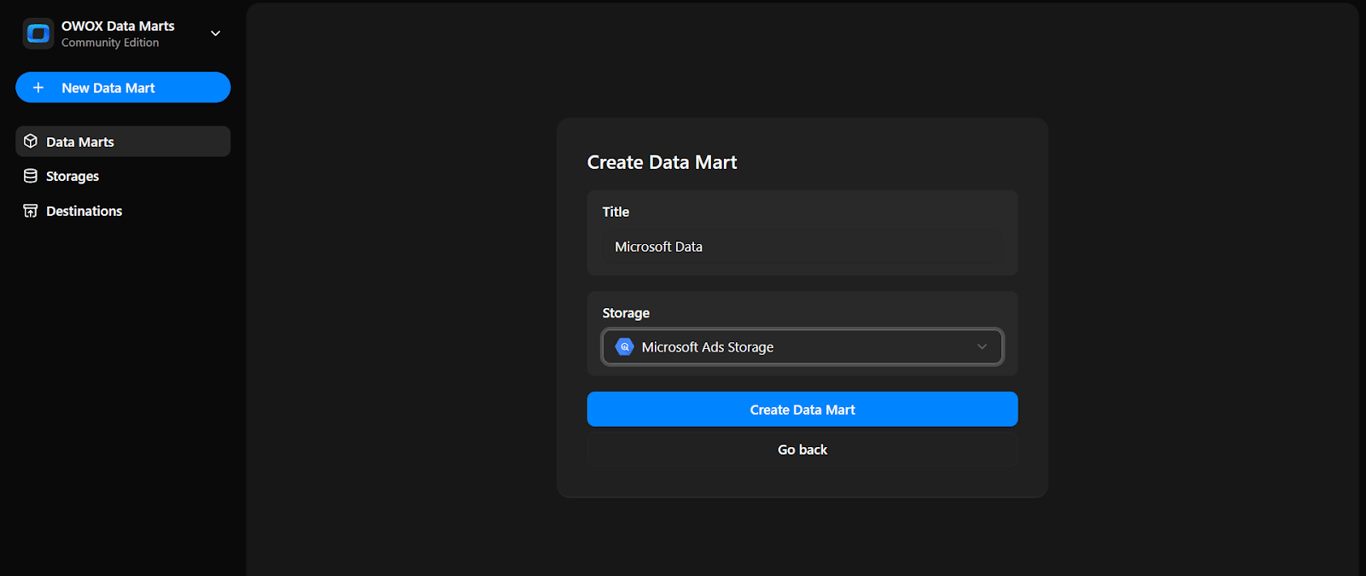 Create Data Mart screen with title set to “Microsoft Data” and storage selected as “Microsoft Ads Storage”. i-shadow