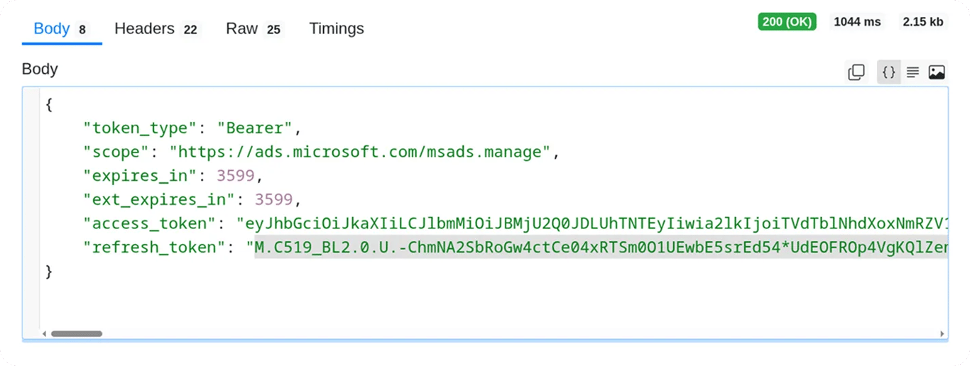 Postman response window showing a successful 200 OK status with a JSON body containing token details, including token type, scope, access token, and refresh token. i-shadow