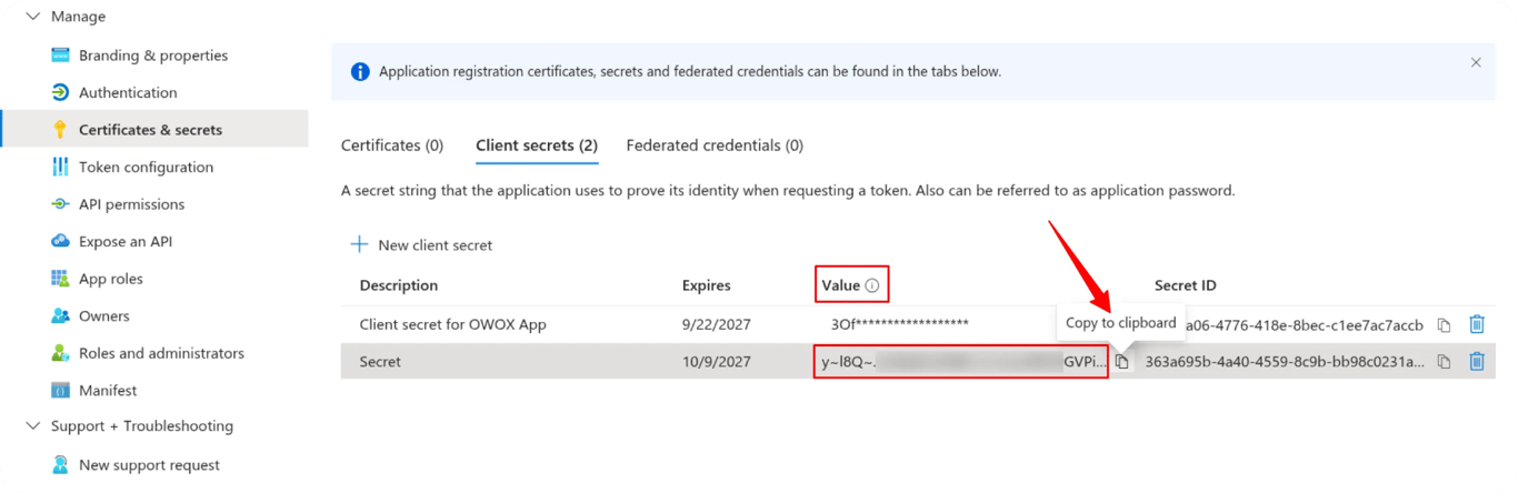 Azure portal showing the Client secrets tab with the secret value field and copy icon highlighted. i-shadow