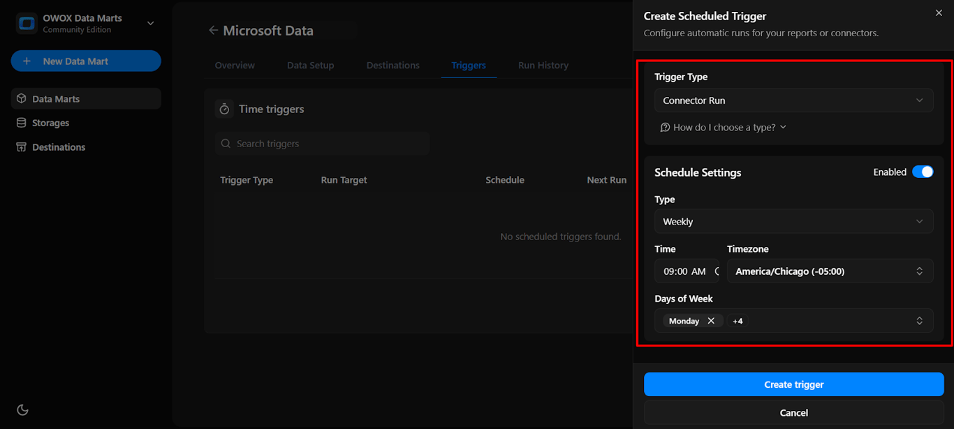 Scheduled trigger setup screen in OWOX Data Marts showing trigger type and scheduling options for automating data runs. i-shadow
