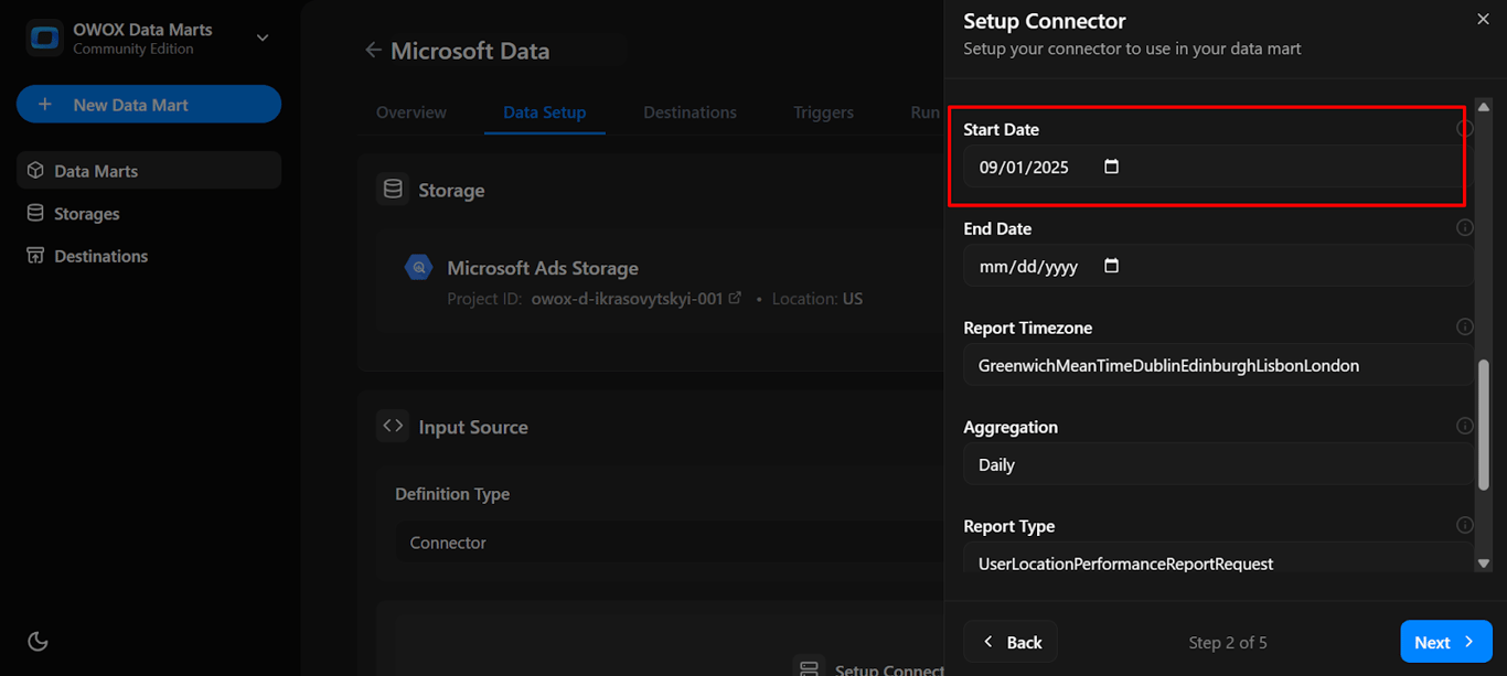 Connector configuration form with the Start Date field set to 2025-07-01 for fetching data from Microsoft Ads. i-shadow
