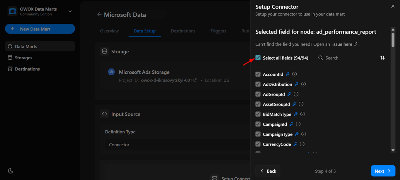 List of available fields from Microsoft Ads. API to include in the connector. i-shadow
