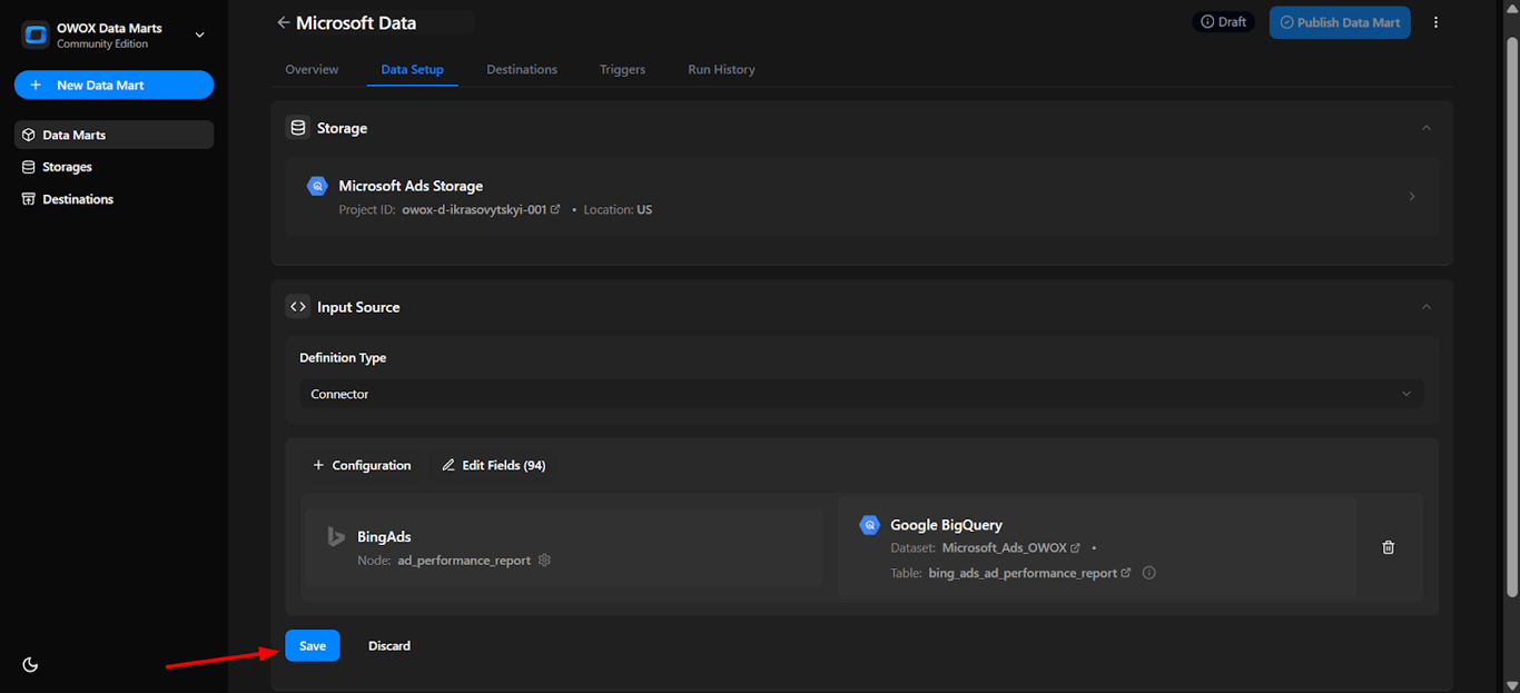 OWOX Data Marts configuration screen showing successful mapping between Microsoft Ads and BigQuery table with a Save button. i-shadow