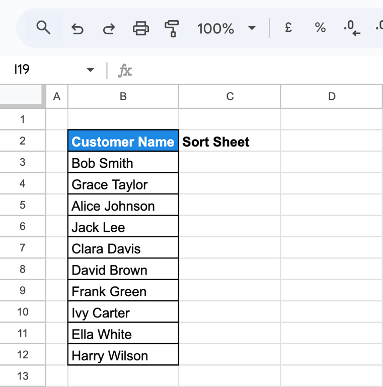 A Google Sheets dataset with “Customer Name” as the header in the first row, preparing for sorting. i-border