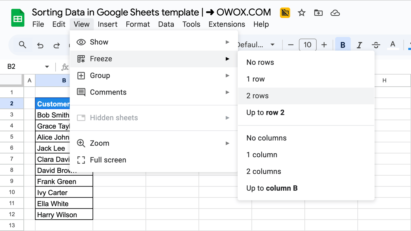 The Freeze option in the View menu selected, ensuring the first two rows remain fixed during sorting. i-border